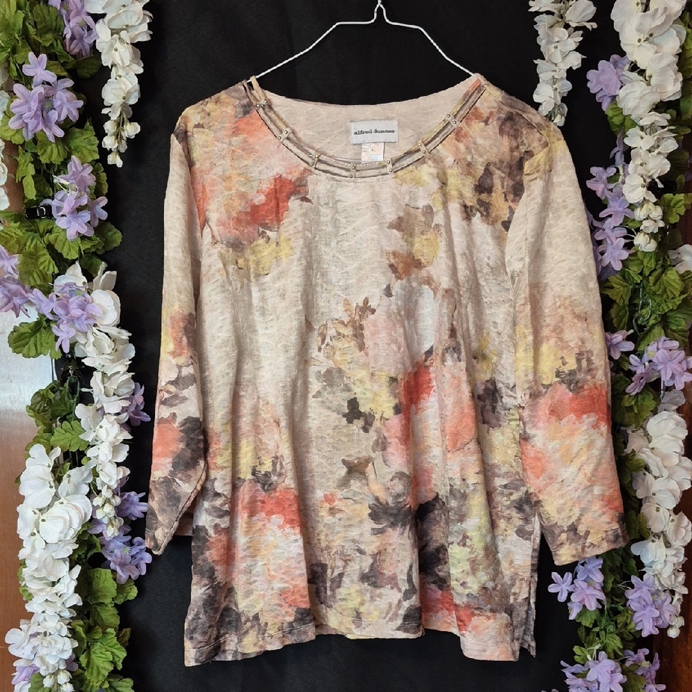 Alfred Dunner Cream Floral Watercolor Long Sleeve Tee